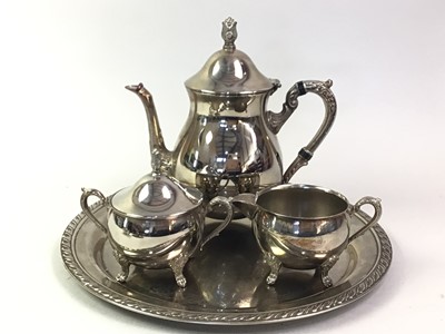 Lot 424 - SILVER PLATED THREE PIECE TEA SERVICE AND TRAY