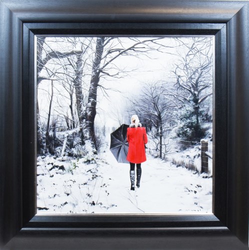 Lot 11 - GERARD BURNS, RED COAT ON A WINTERS PATH oil...