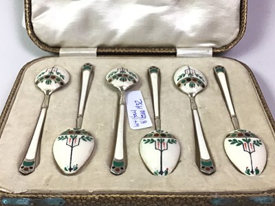 Lot 484 - SET OF SIX GEORGE V SILVER AND ENAMEL COFFEE SPOONS