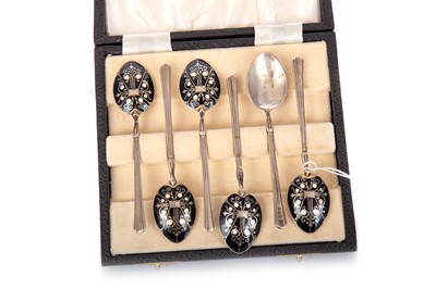 Lot 1395 - SET OF SIX GEORGE VI SILVER AND ENAMEL COFFEE SPOONS