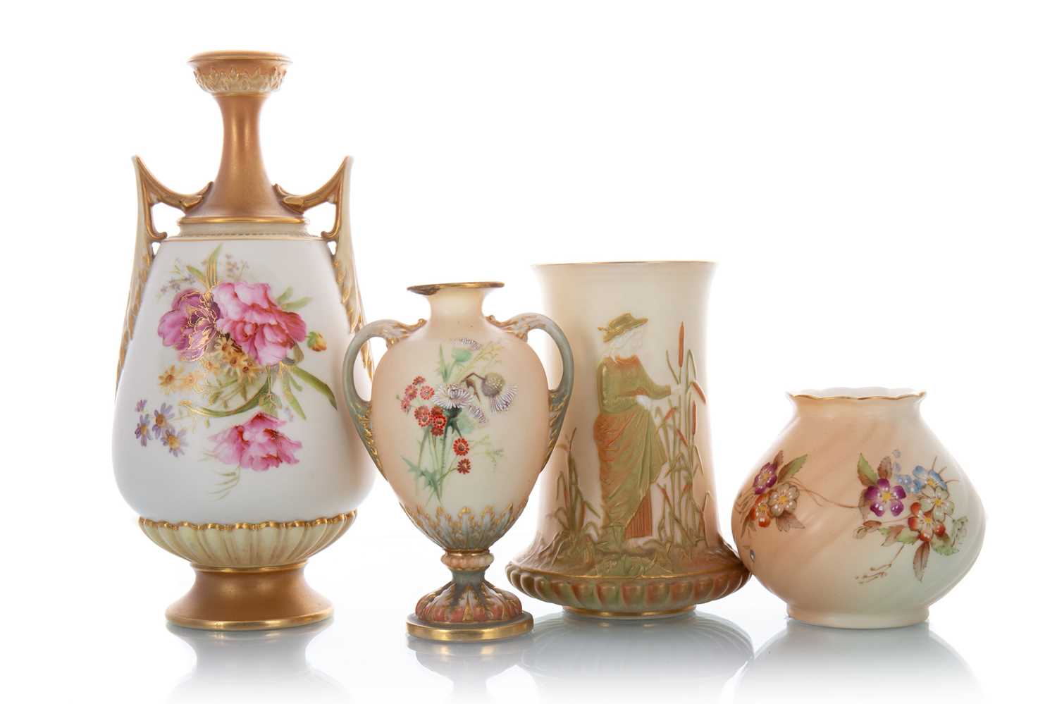 Lot 1353 - ROYAL WORCESTER, FOUR BLUSH IVORY VASES