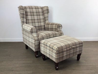 Lot 304 - MODERN WINGBACK ARMCHAIR AND MATCHING FOOTSTOOL