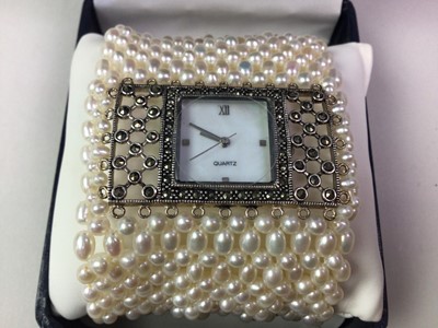 Lot 406 - SILVER, MARQUISITE AND PEARL WATCH