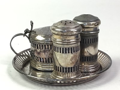 Lot 415 - SILVER THREE PIECE CRUET ON STAND