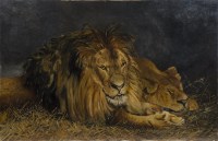 Lot 192 - KATHLEEN M. THORNDIKE, TWO LIONS oil on canvas,...