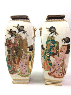 Lot 657 - PAIR OF JAPANESE SQUARE SECTION DOUBLE HANDLED VASES