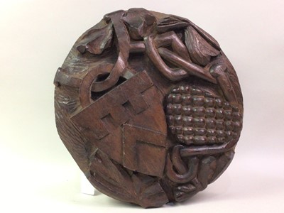 Lot 327 - VICTORIAN GOTHIC CARVED OAK ARMORIAL ROUNDEL