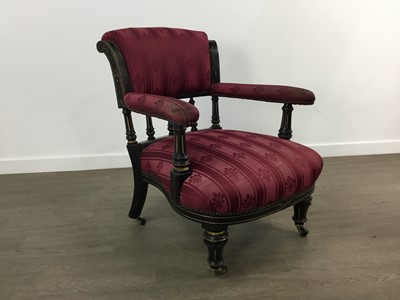 Lot 1421 - LATE VICTORIAN EBONISED AND PARCEL GILT DRAWING ROOM ARMCHAIR