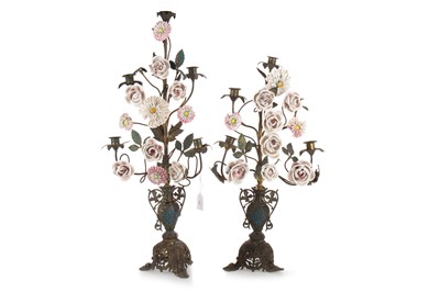 Lot 1465 - PAIR OF FRENCH PORCELAIN AND BRASS FIVE-BRANCH CANDELABRA