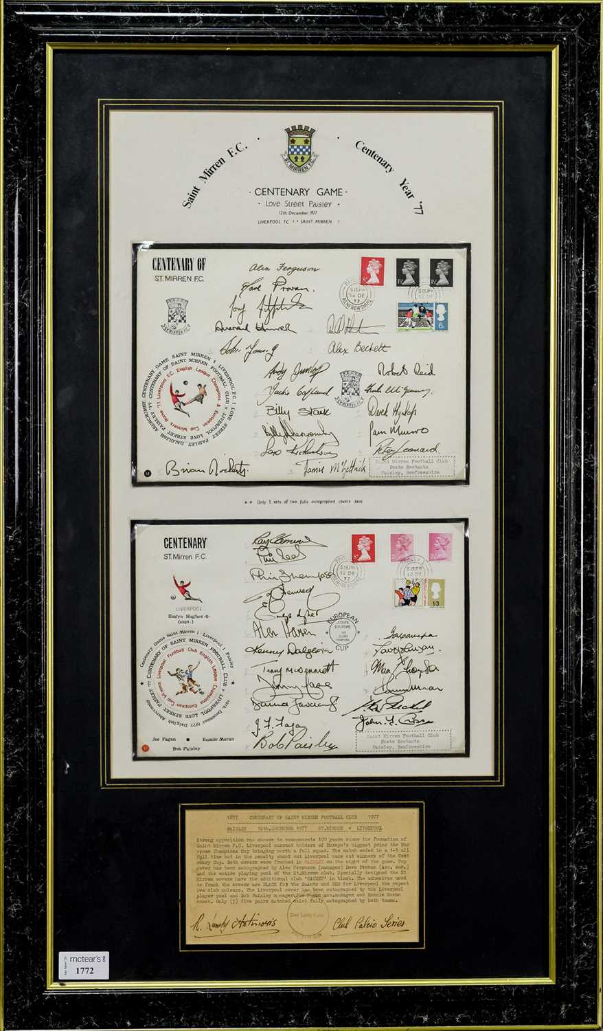 Lot 1772 - SAINT MIRREN F.C. AND LIVERPOOL F.C., CENTENARY GAME SIGNED PHILOTELIC DISPLAY