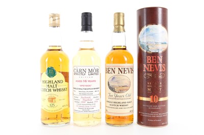 Lot 144 - BEN NEVIS 10 YEAR OLD, AUCHROISK 16 YEAR OLD CARN MOR AND VICTORIA WINE 12 YEAR OLD HIGHLAND 75CL