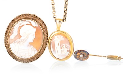 Lot 522 - CAMEO BROOCH, PENDANT AND A STICK PIN