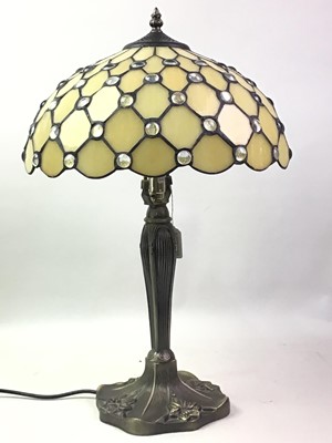 Lot 424 - PAIR OF TIFFANY STYLE LAMPS AND A SMALLER LAMP AND FURTEHR SHADE