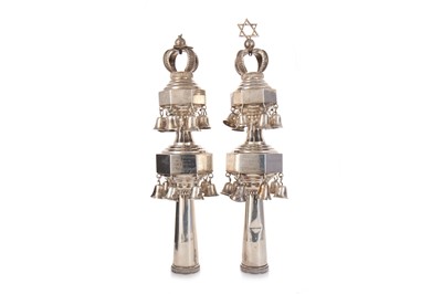 Lot 939 - JUDAICA SILVER, PAIR OF RIMONIM