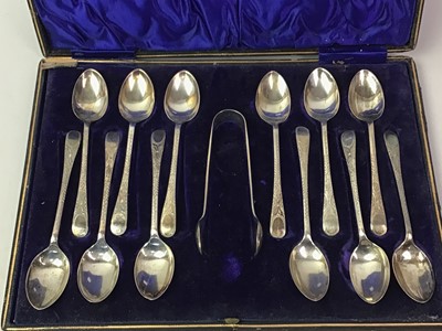 Lot 514 - SET OF TWELVE SILVER TEASPOONS AND SUGAR TONGS