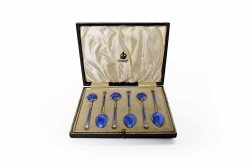 Lot 47 - SET OF SIX SILVER AND GUILLOCHE ENAMEL COFFEE...