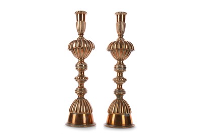 Lot 1238 - PAIR OF EASTERN COPPER SHABBAT STYLE CANDESTICKS