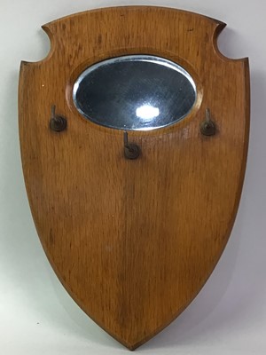 Lot 362 - OAK WALL MOUNTED MIRROR WITH CLOTHES BRUSHES