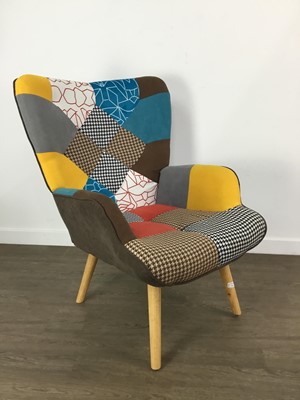 Lot 721 - MODERN PATCHWORK ARMCHAIR AND MATCHING FOOTSTOOL