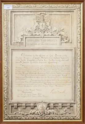 Lot 1247 - RSW AND QUEEN VICTORIA INTEREST - SIR FRANCES POWELL RSW, HAND-PAINTED DIPLOMA