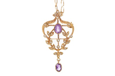 Lot 414 - AMETHYST AND SEED PEARL HOLBEIN PENDANT
