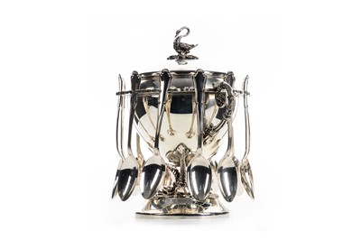 Lot 1028 - CONTINENTAL SILVER SUGAR URN AND TWELVE COFFEE SPOONS