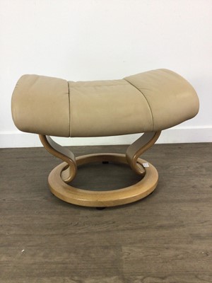 Lot 27 - MODERN CREAM LEATHER ARMCHAIR WITH STOOL