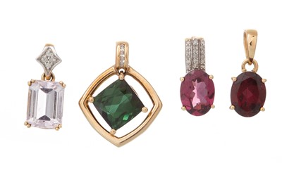 Lot 469 - THREE GEM SET AND DIAMOND PENDANTS AND ONE OTHER