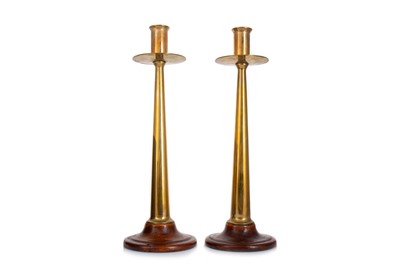 Lot 533 - PAIR OF ARTS &  CRAFTS BRASS CANDLESTICKS