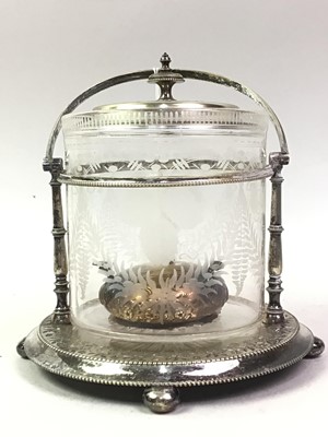 Lot 383 - VICTORIAN SILVER PLATE AND CUT GLASS BISCUIT BARREL