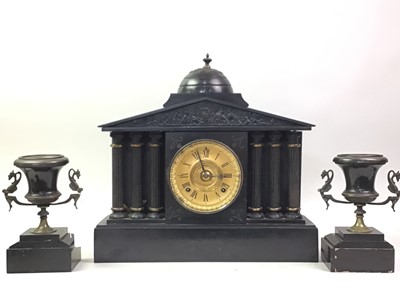 Lot 413 - VICTORIAN ARCHITECTURAL BLACK SLATE CLOCK GARNITURE