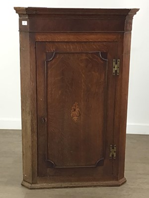 Lot 167 - INLAID OAK WALL MOUNTING CORNER CUPBOARD