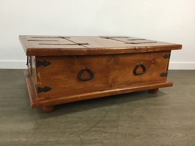 Lot 585 - PINE AND METAL BOUND CHEST/COFFEE TABLE