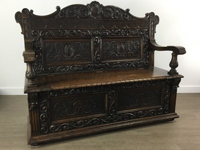 Lot 1536 - VICTORIAN CARVED OAK HALL SETTLE