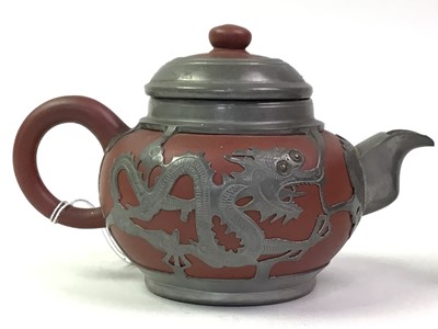 Lot 63 - CHINESE PEWTER OVERLAID YIXING TEA SERVICE
