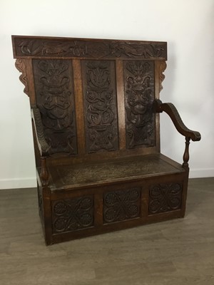 Lot 200 - ARTS & CRAFTS CARVED OAK HALL SETTLE