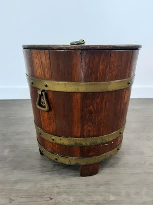 Lot 219 - EDWARDIAN COOPERED OAK COAL BARREL AND COVER