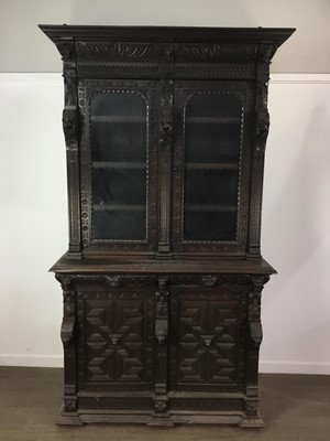 Lot 221 - VICTORIAN OAK BOOKCASE ON CABINET