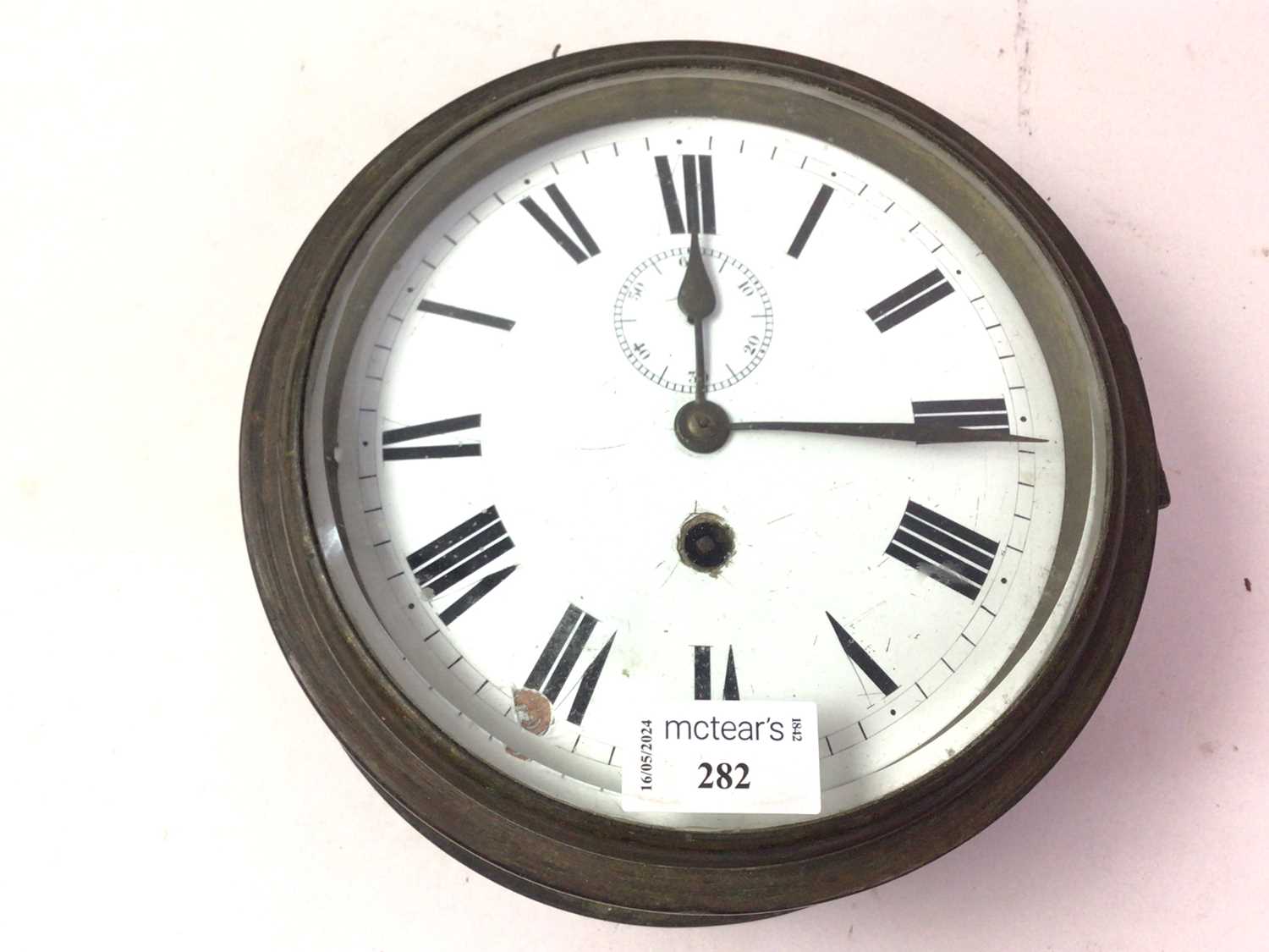 Lot 282 - BRASS BULKHEAD CLOCK,