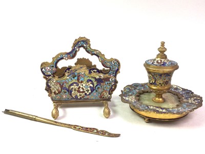 Lot 626 - VICTORIAN GILT METAL AND CHAMPLEVE ENAMEL DESK SET