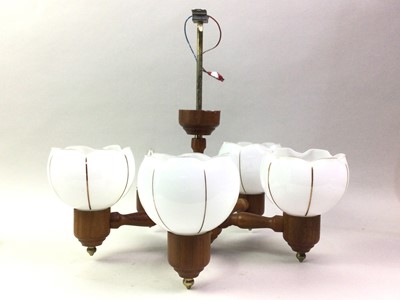 Lot 655 - MID CENTURY TEAK AND FIVE LIGHT CEILING FITTING