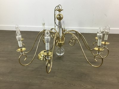 Lot 1423 - BRASS FINISHED AND GLASS CHANDELIER