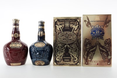 Lot 177 - CHIVAS ROYAL SALUTE 21 YEAR OLD RUBY AND SAPPHIRE DECANTERS