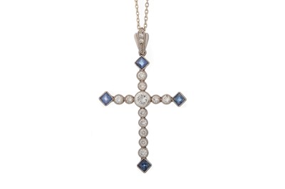 Lot 596 - SAPPHIRE AND DIAMOND CROSS PENDANT