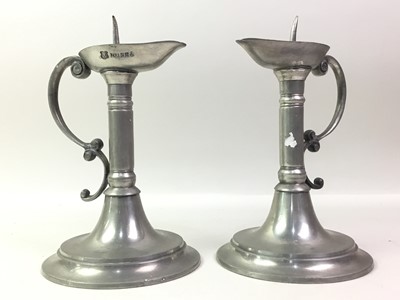 Lot 160 - PAIR OF VICTORIAN STYLE PEWTER PRICKET CANDLESTICKS