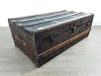 Lot 352 - WOOD AND METAL BOUND TRAVEL TRUNK