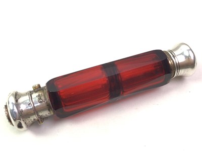 Lot 380 - VICTORIAN RUBY GLASS AND SILVER PLATE DOUBLE SCENT BOTTLE