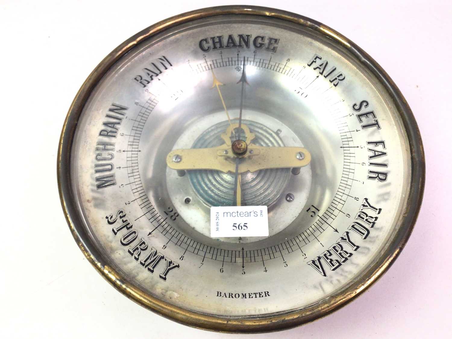 Lot 565 - SHIP'S STYLE ANEROID CIRCULAR BAROMETER,