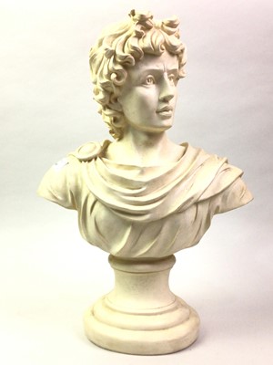 Lot 588 - APOLLO, REPRODUCTION MARBLE EFFECT BUST ORNAMENT