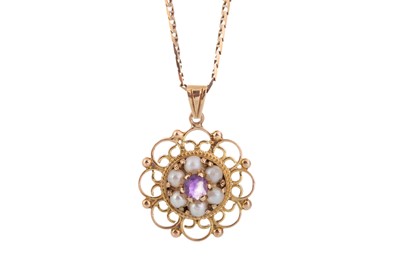 Lot 403 - AMETHYST SEED PEARL PENDANT